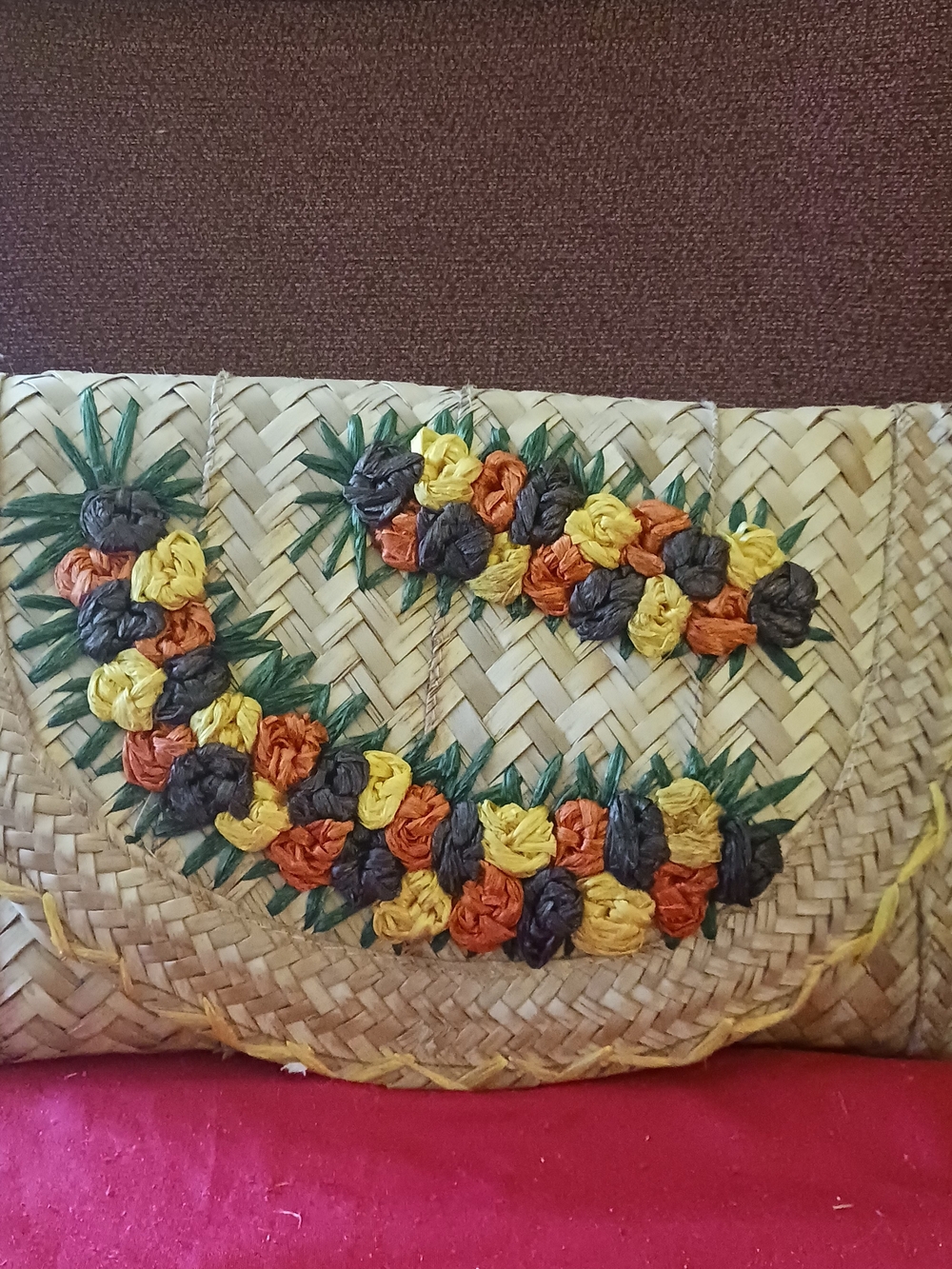 Woven Straw Clutch with Orange, Yellow & Dark Brown Floral Trim